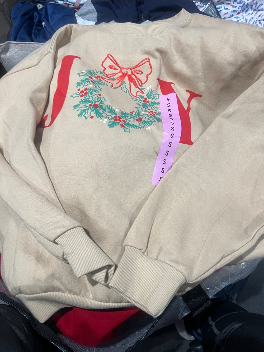 State of Mind Beige Sweatshirt with Red and Green Holiday Wreath Graphic